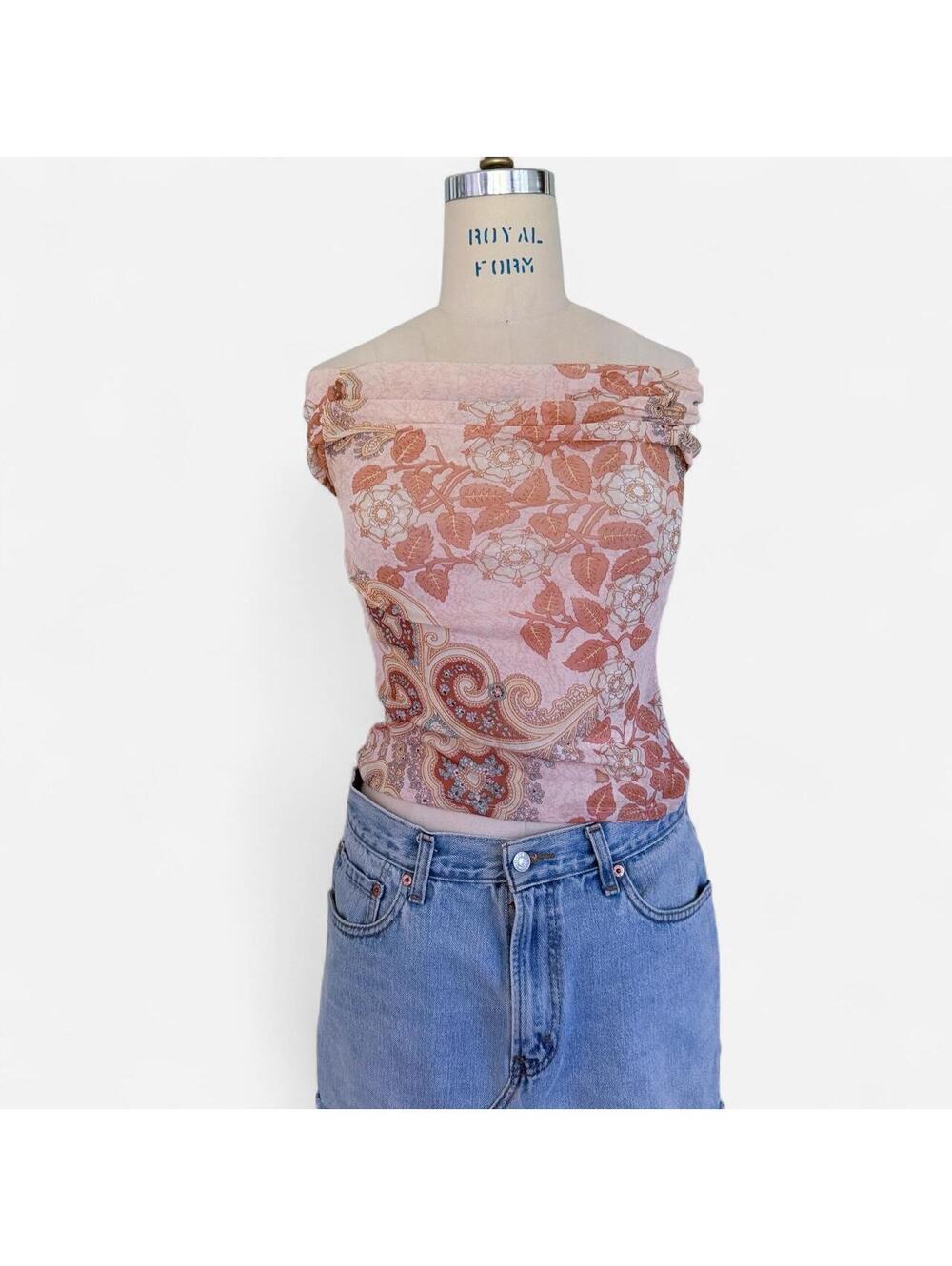 Vintage Y2K Pink Paisley Floral Mesh Off The Shoulder Top in Blush - Picture 6 of 6